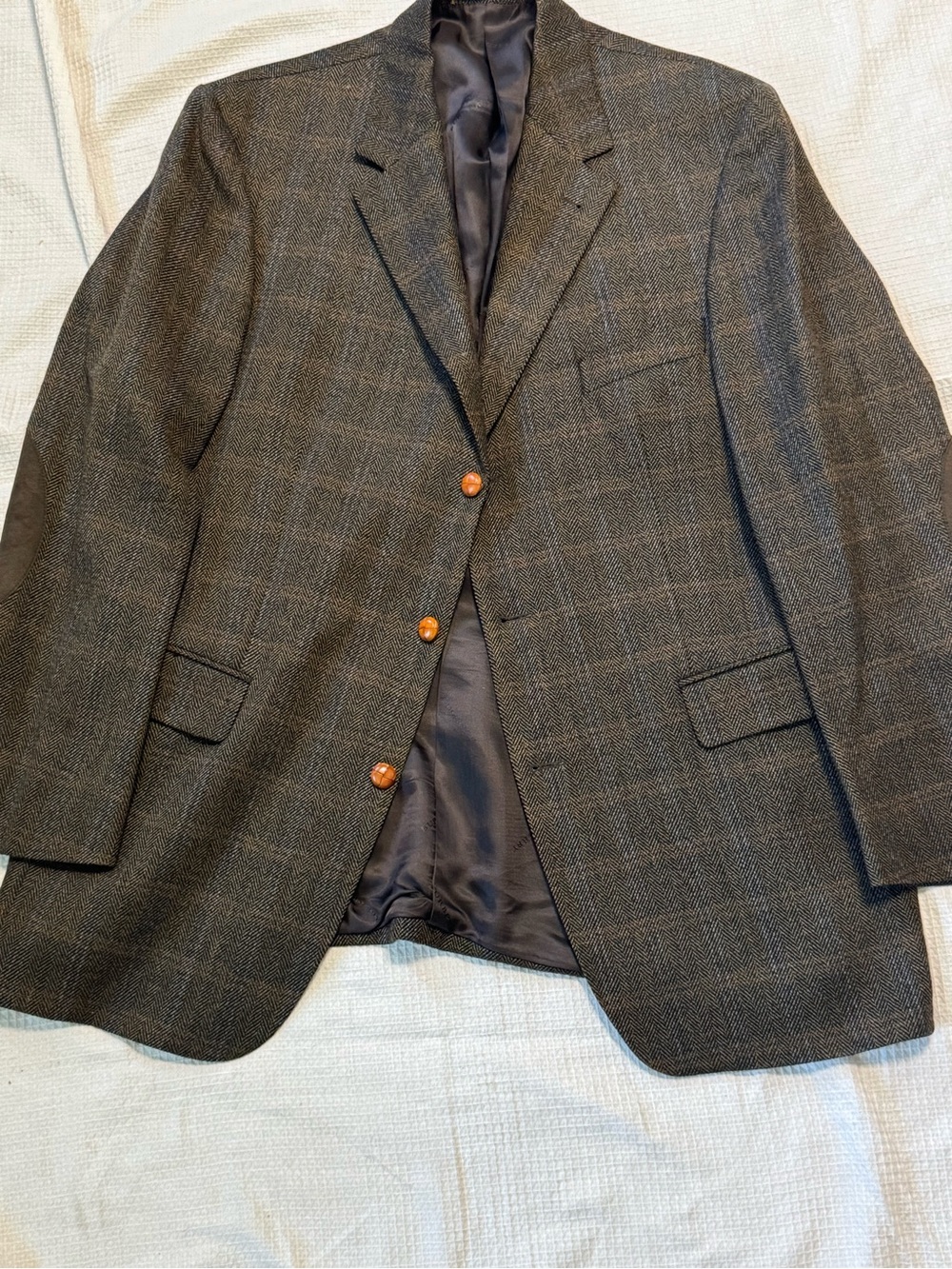 Burberry London men’s spot coat jacket brown green herringbone. Elbow patches.